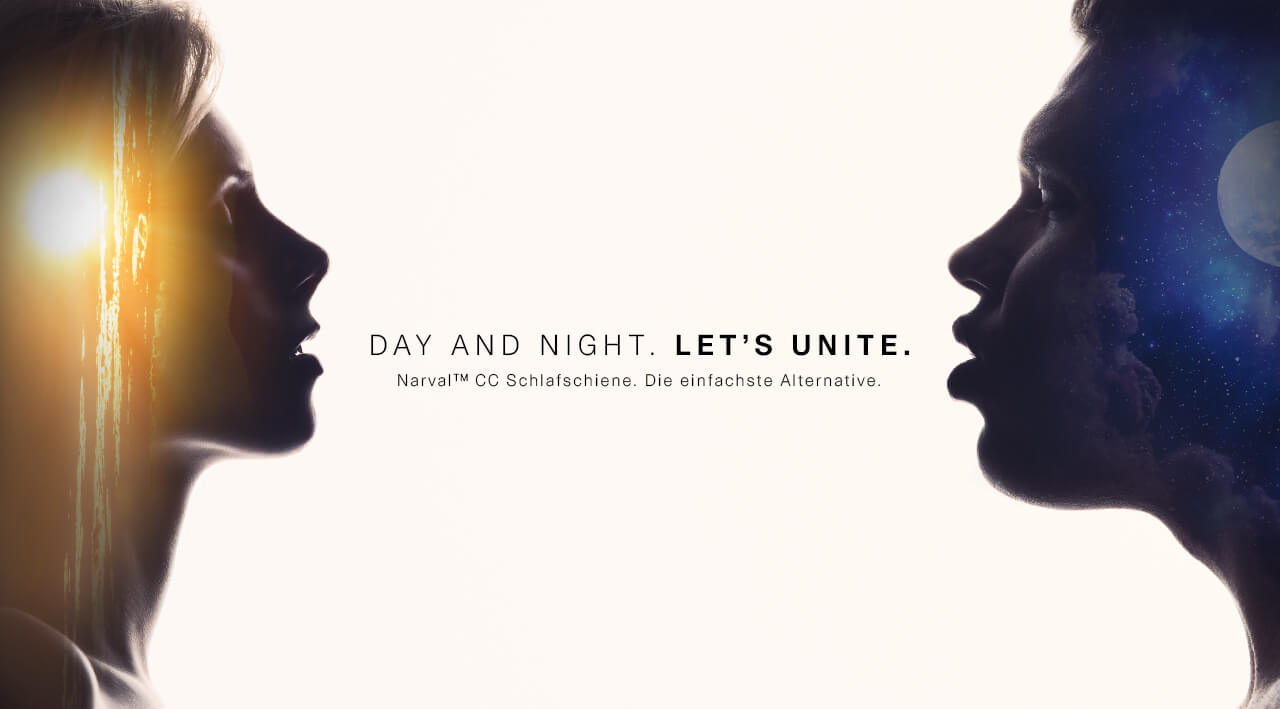 Narval CC Kampagnenmotiv „Day and Night. Let´s unite.“ Sonnenfrau und Mondmann im seitlichen Profil schauen sich an