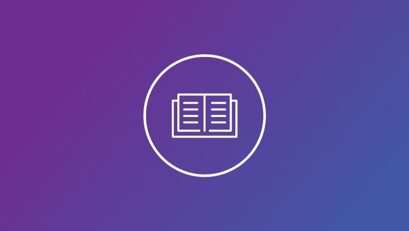 Ein Icon eines geöffneten Buches auf einem violetten Hintergrund symbolisiert ein E-Book.