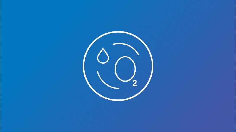 Icon eines Tropfens und eines O2-Symbols auf einem blauen Hintergrund, das für Sauerstoffkomponenten steht.